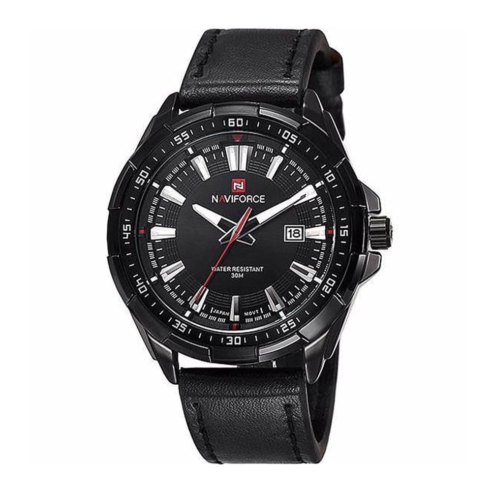 Naviforce Men Analog Casual Watch With Round Black Dial & Black Leather Strap, NF9056 B/B
