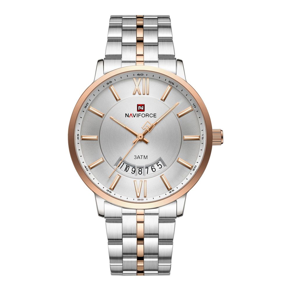 Naviforce Men Analog Watch With Silver & Golden Dial & Stainless Steel Bracelet, NF9238G S/W/RG