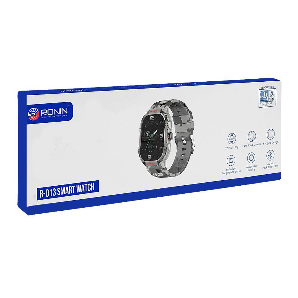 Ronin 2.01 Inch Amoled Display Rugged Design Smart Watch, 250mAh, Bluetooth Calling, With Strap, Silver, R-013