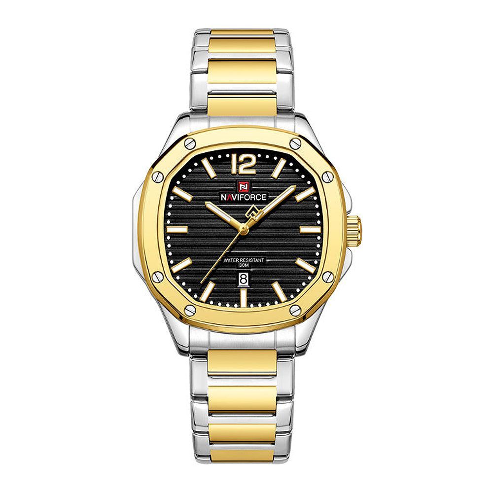 Naviforce Men's Analog Watch With White & Golden Dial & Stainless Steel Bracelet, NF9243S G/B