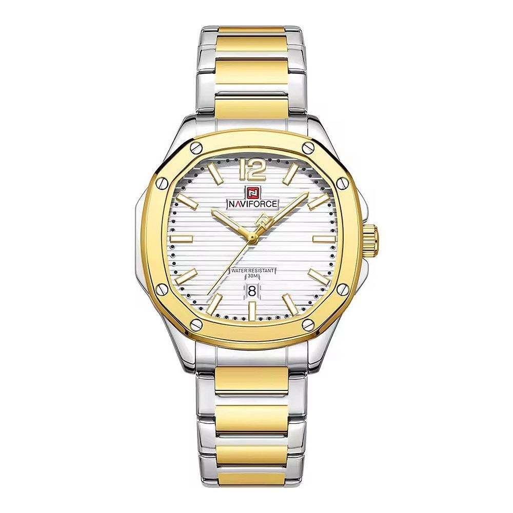 Naviforce Men's Analog Watch With White & Golden Dial & Stainless Steel Bracelet, NF9243S G/W
