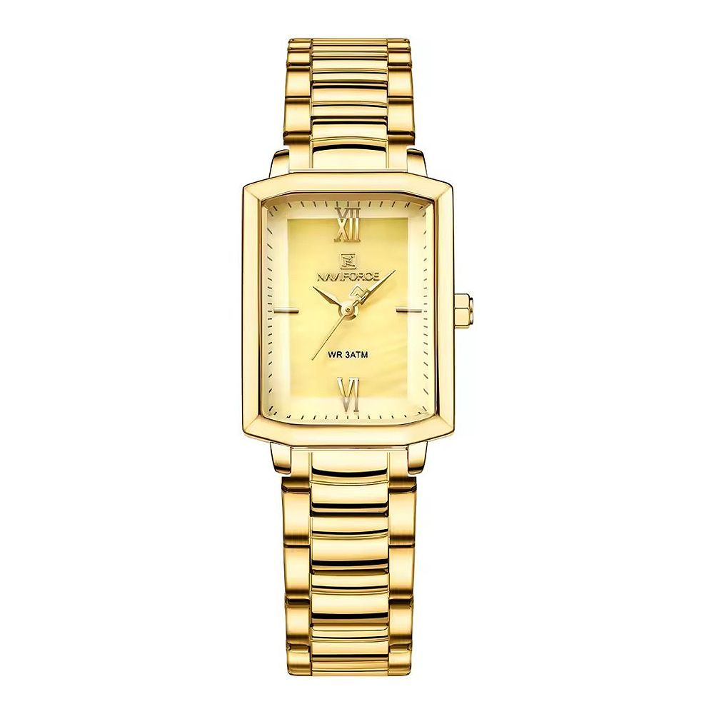 Naviforce Square Edition Analog Women's Wrist Watch With Golden Dial & Golden Stainless Steel Bracelet, Water Resistant 3ATM, NF5039S G/G/G