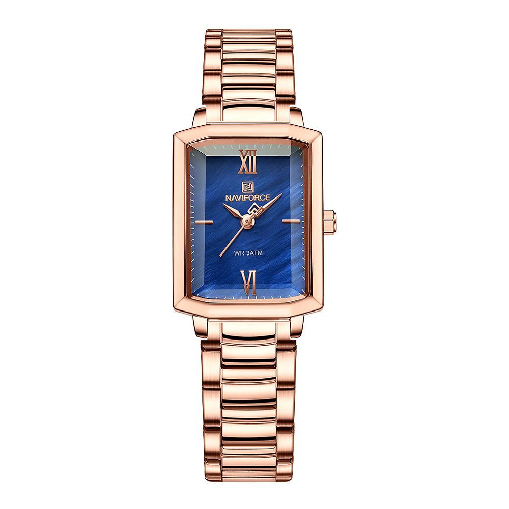 Naviforce Square Edition Analog Women's Wrist Watch With Blue Dial & Golden Stainless Steel Bracelet, Water Resistant 3ATM, NF5039S RG/BE/RG