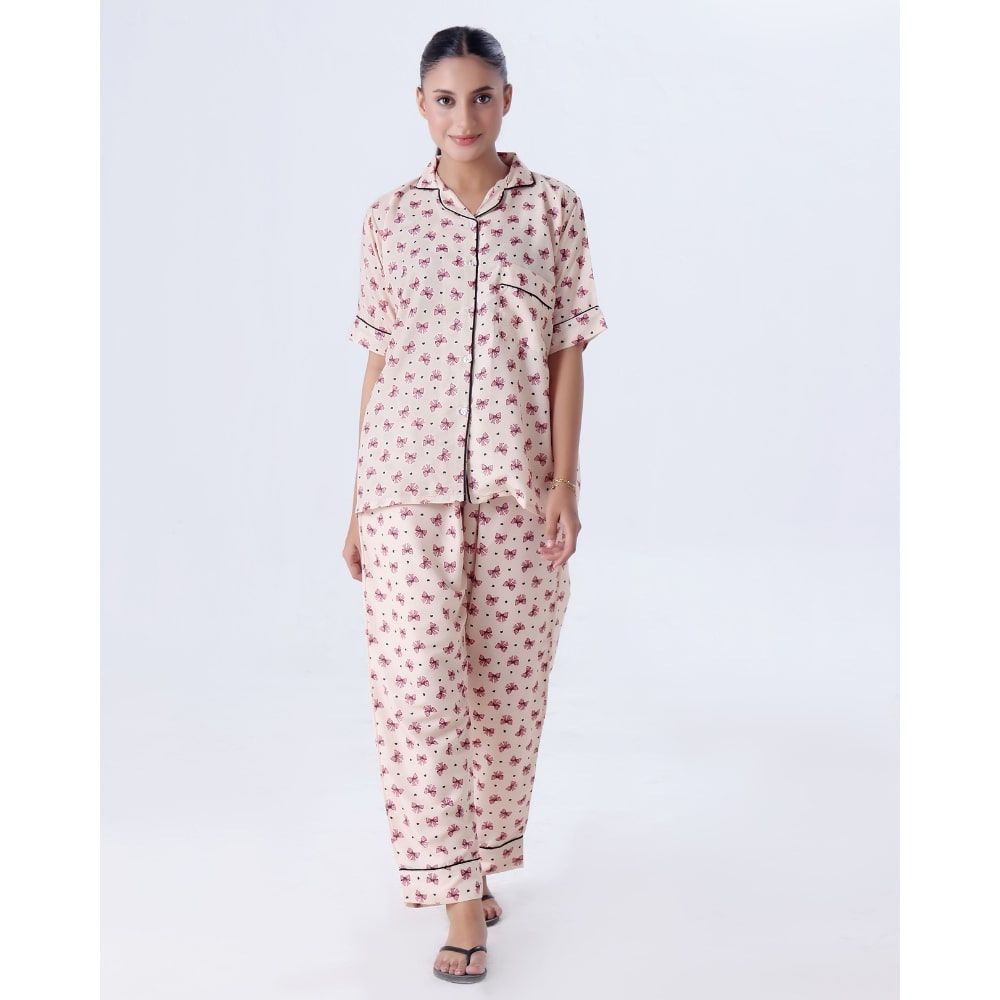 Sajiero Women's Summer Full-Sleeves Pajama Suit, Ribbon & Hearts, Beige