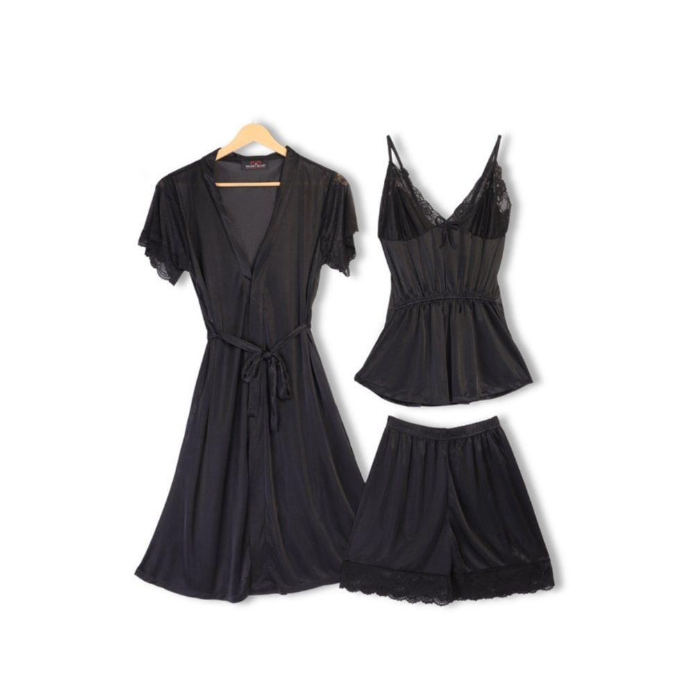 Sajiero Women's V-Neck Pajama Suit with Midnight Blush Gown, Silk, Black, 298289