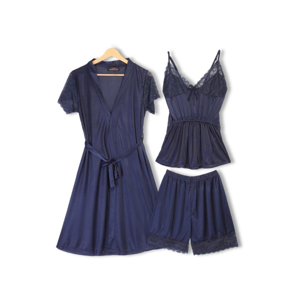 Sajiero Women's V-Neck Pajama Suit with Midnight Blush Gown, Silk, Navy Blue, 298290