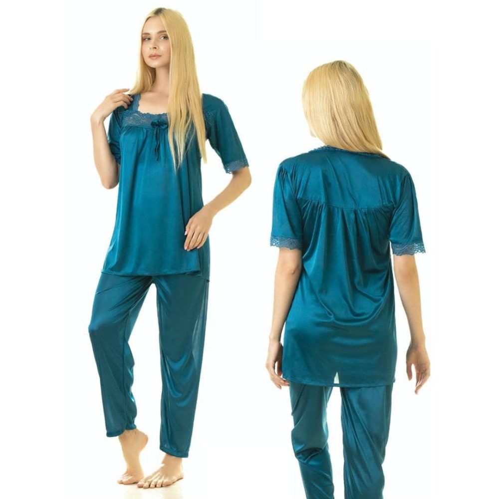 Sajiero Women's Half-Sleeves Pajama Suit, Silk, Whisper Turquoise, 297864