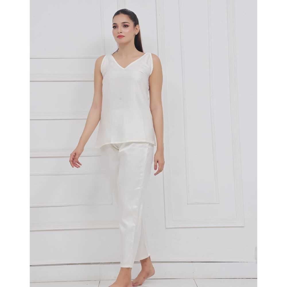 Sajiero Women's Dream Silk Sleeveless Pajama Suit, Silk, White, 296810