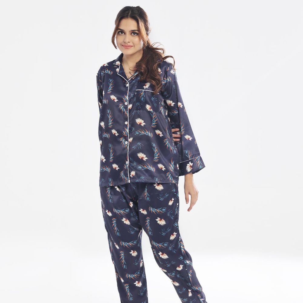 Sajiero Women's Full-Sleeves Pajama Suit With Scrunchie, Silk, Bloom Haven, Blue