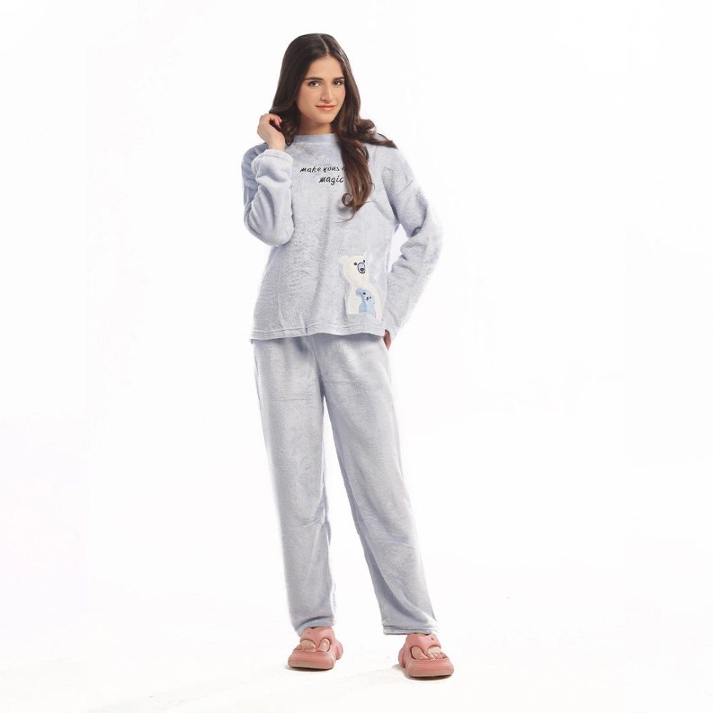 Sajiero Women's Full-Sleeves Pajama Suit, Fleece, Baby Blue Teddy, Sky Blue, 296078