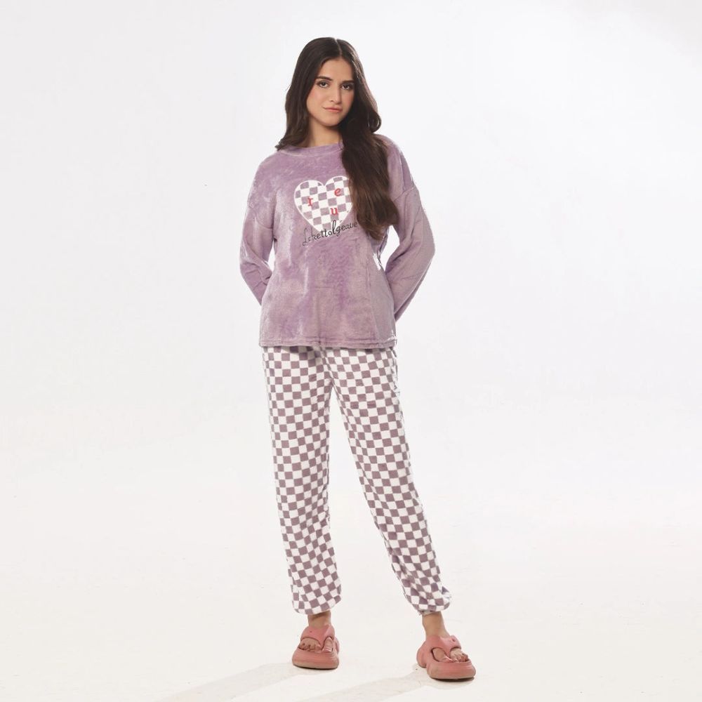 Sajiero Women's Full-Sleeves Pajama Suit, Fleece, Pink Checks, Purple, 295944