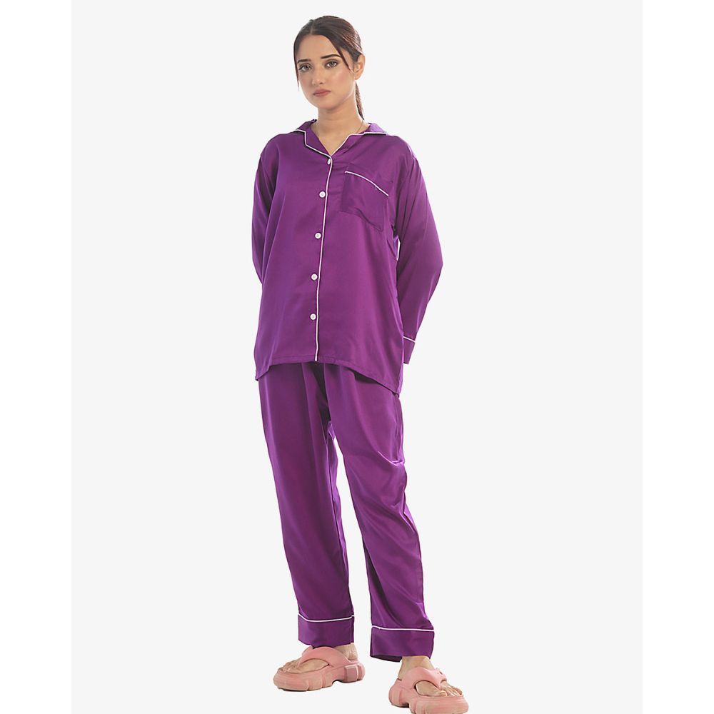 Sajiero Women's Full-Sleeves Pajama Suit with Scrunchie, Silk, Pearl Purple