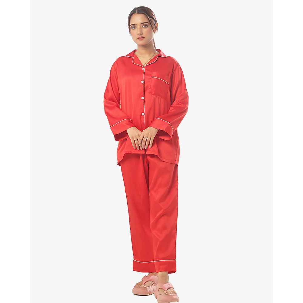 Sajiero Women's Full-Sleeves Pajama Suit with Scrunchie, Silk, Pearl Red