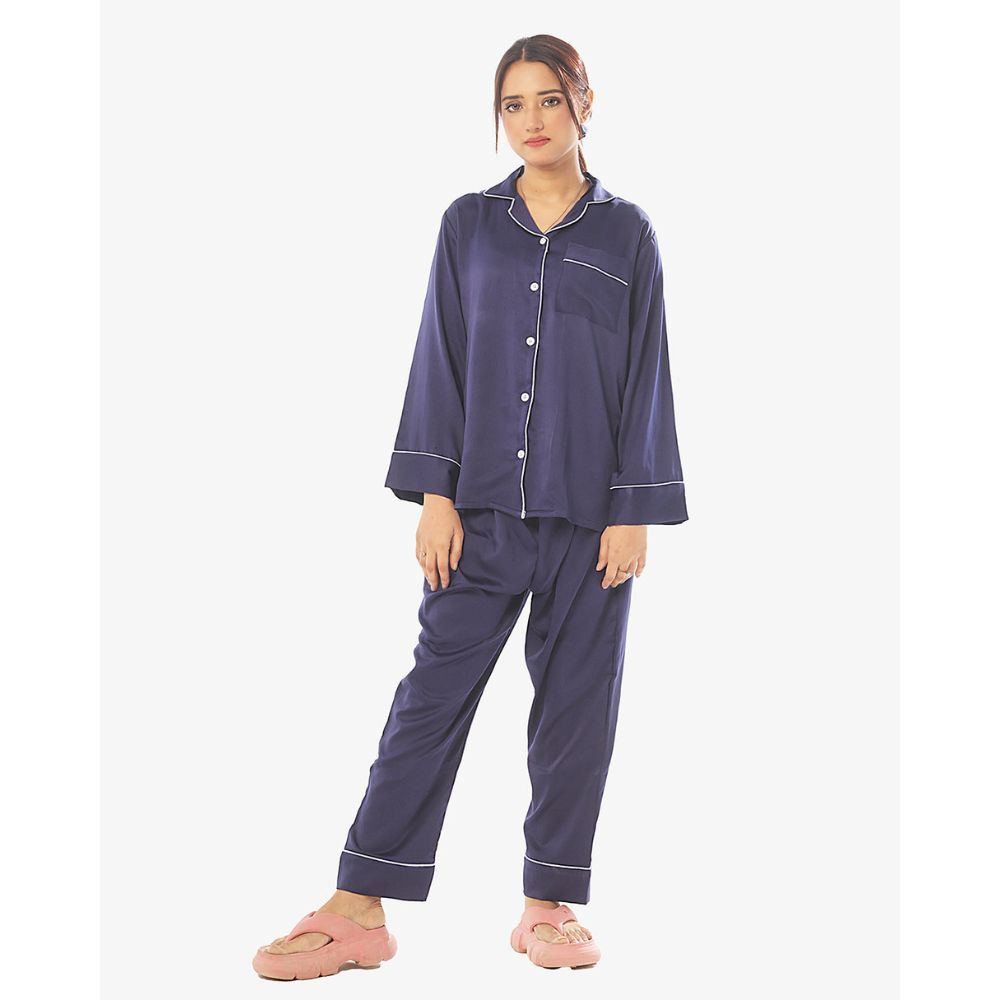 Sajiero Women's Full-Sleeves Pajama Suit with Scrunchie, Silk, Pearl Navy