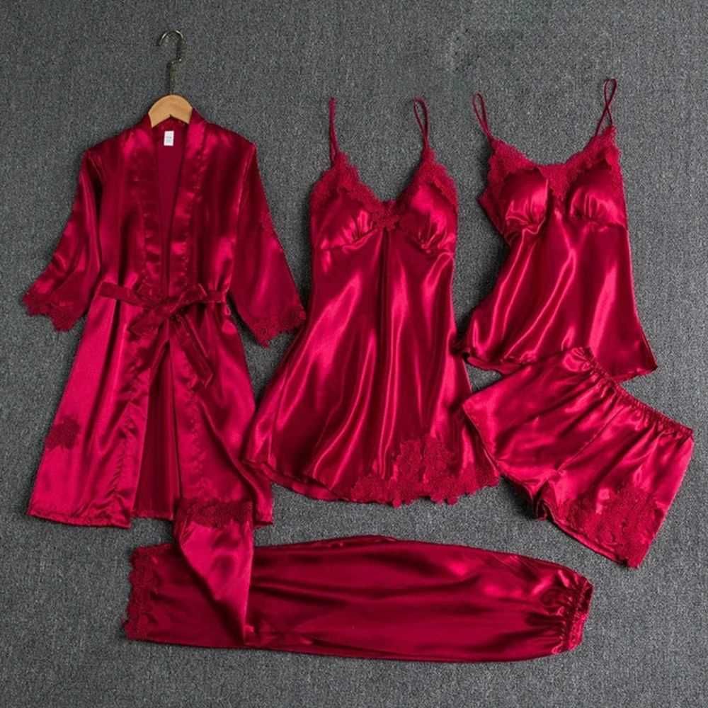 Sajiero Women's Royal Bridal Night Gown Set, Silk, Maroon, 298326, 5-Pieces