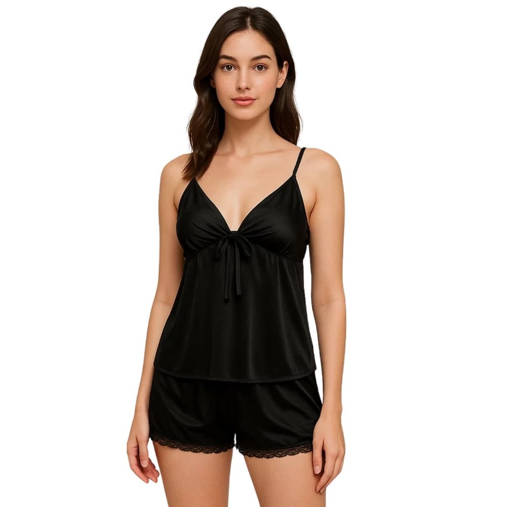 Sajiero Women's Inner Top & Short Cami Set, Jersey Silk, Black, OS2509BK, 2-Piece