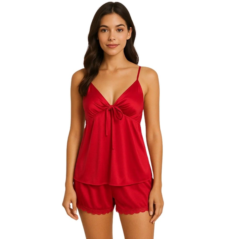 Sajiero Women's Inner Top & Short Cami Set, Jersey Silk, Red, OS2513RD, 2-Piece