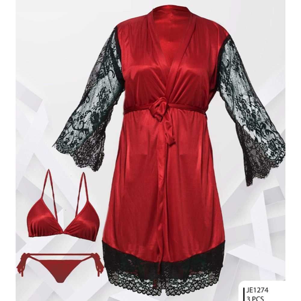 Sajiero Women's Bridal Maxi Lace Sleeves Kimono Robe, Satin, Maroon, 2727