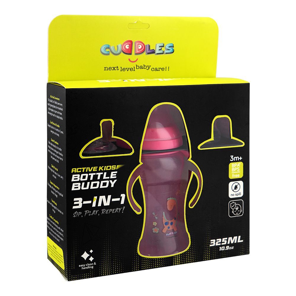 Cuddles Active Kids 3-In-1 Bottle Buddy, For 3 Months+ BPA & BPS Free, No Spill, Pink, 325ml