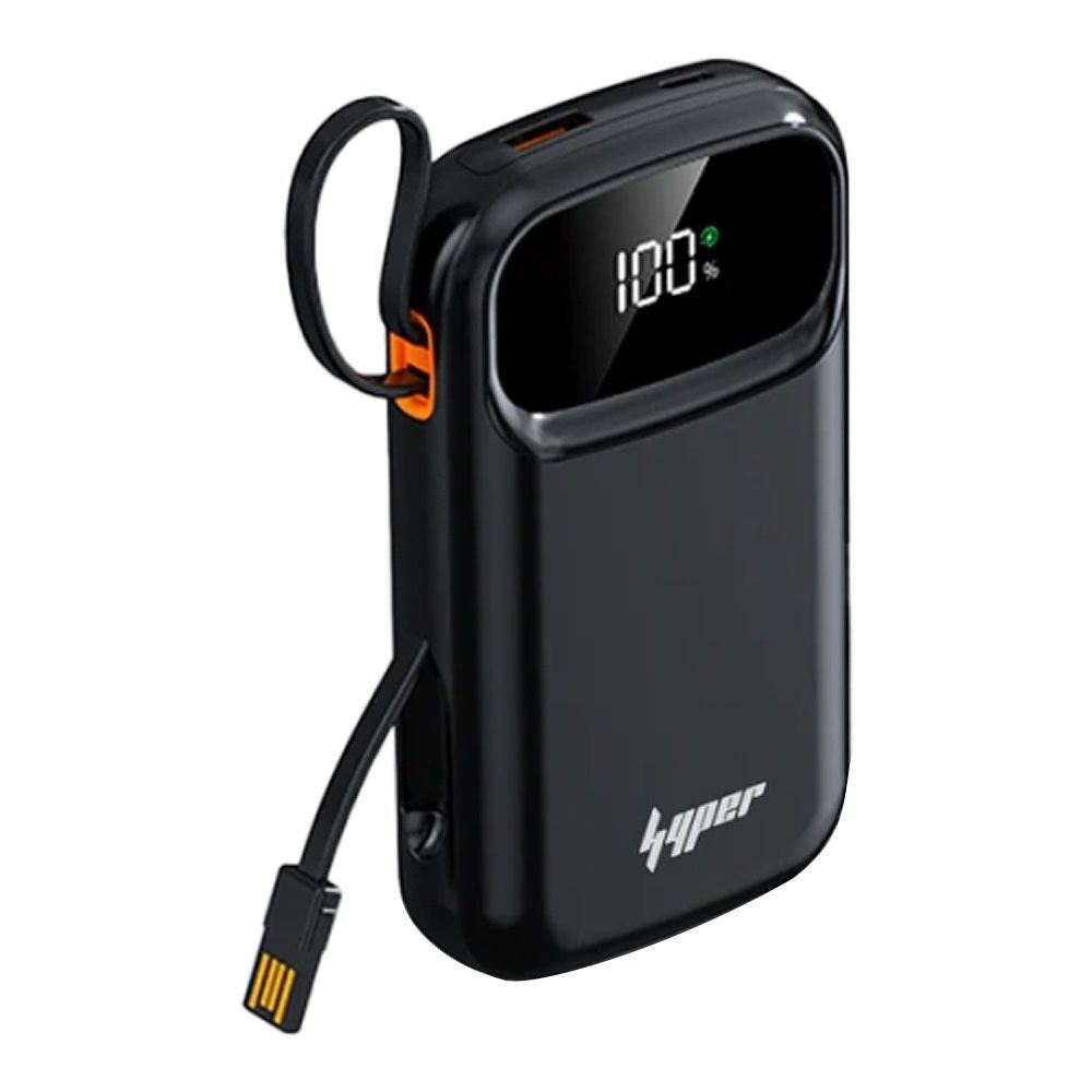 Yolo Hyper Pulse 20000mAh Power Bank, 22.5W, Built-In Type-C, Lightning & USB Cable, Black