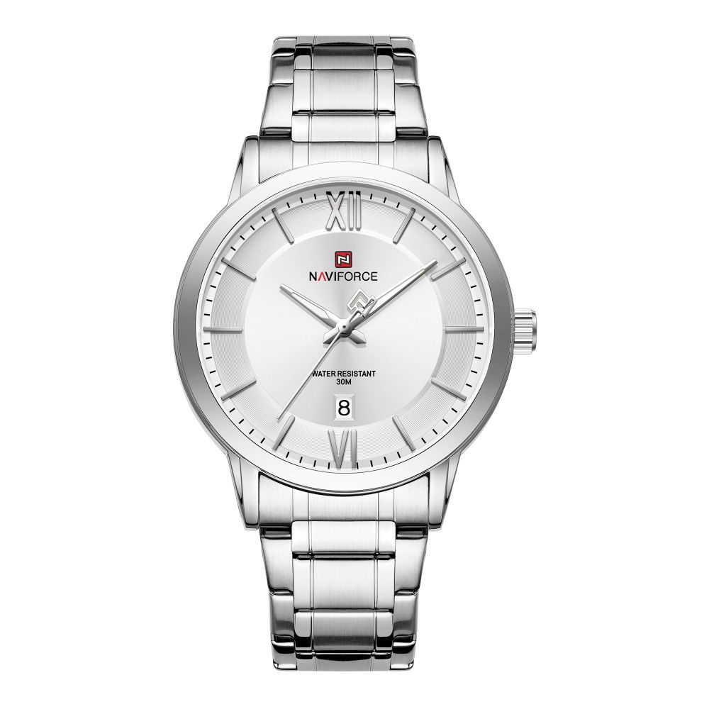 Naviforce Royal Date Edition Men's Analog Watch With Silver Dial & Stainless Steel Chain, NF9254 S/W/S