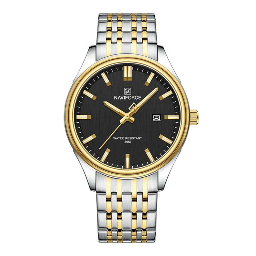 Naviforce Men's Analog Watch With Black & Golden Dial & Satinless Steel Chain, NF8039 S/G/B