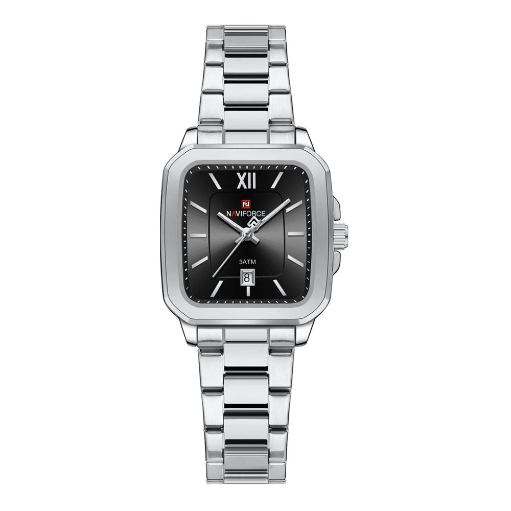 Naviforce Sleek Square Men's Analog Watch With Silver & Black Dial, Stainless Steel Chain, NF9239G S/B/S
