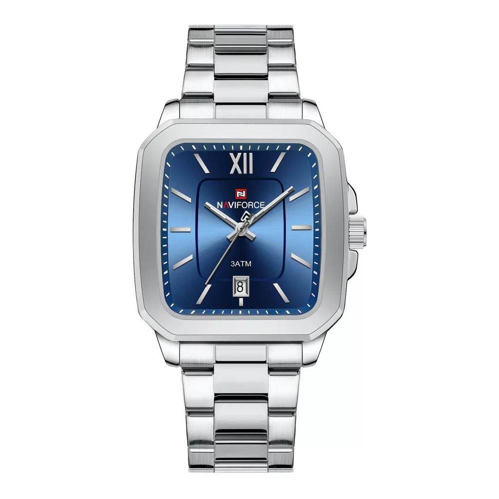 Naviforce Sleek Square Men's Analog Watch With Silver & Blue Dial, Stainless Steel Chain, NF9239G S/BE/S