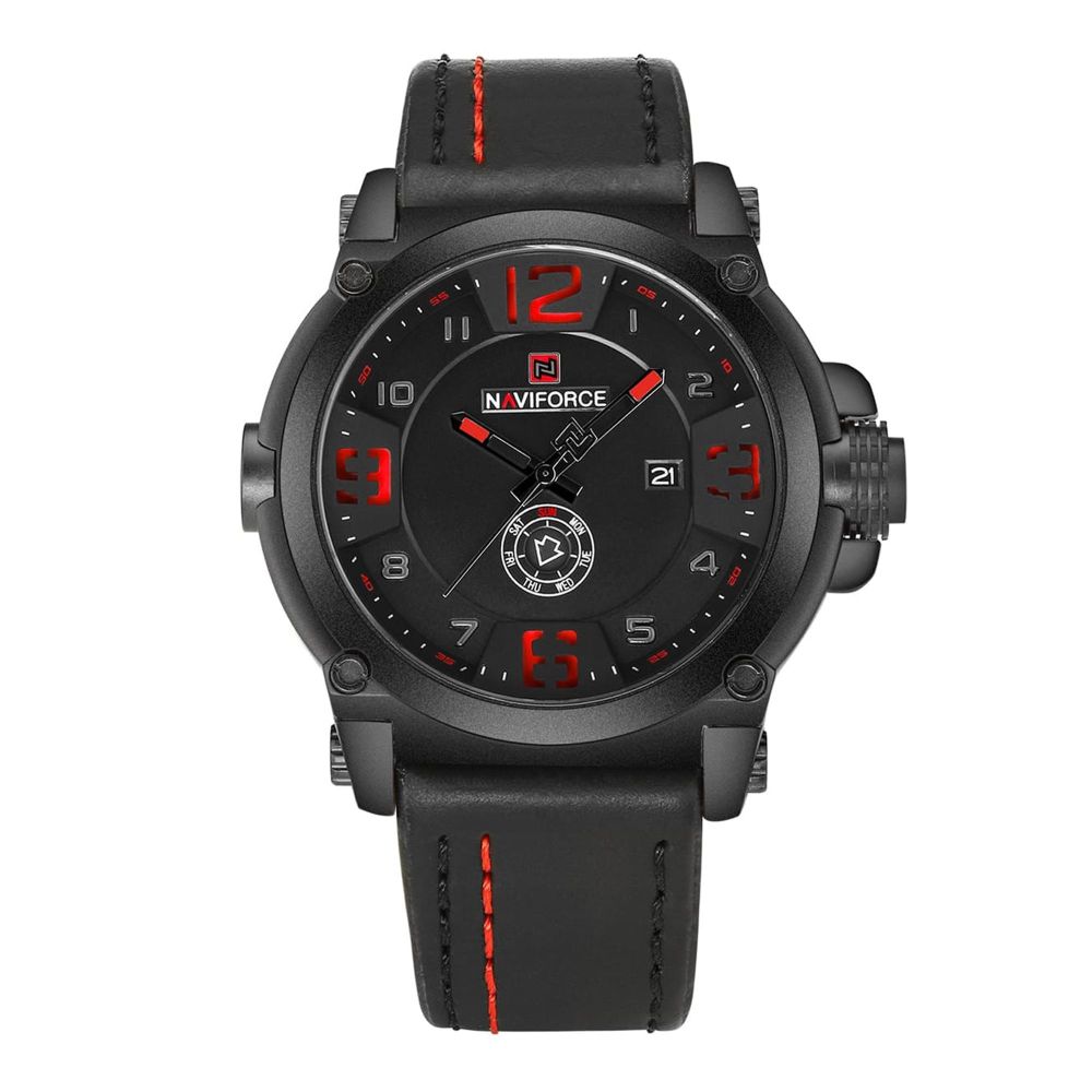 Naviforce Men's Analog Watch With Black Dial & Leather Straps, NF9099 B/R/B