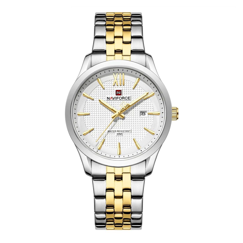 Naviforce Date Master Men's Analog Watch With White Dial & Stainless Steel Chain, NF9255 S/W/G