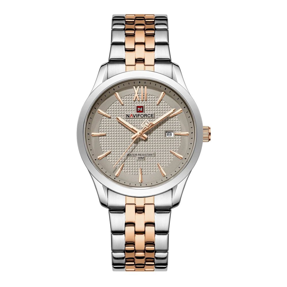 Naviforce Date Master Men's Analog Watch With Gray Dial & Stainless Steel Chain, NF9255 S/GY/RG