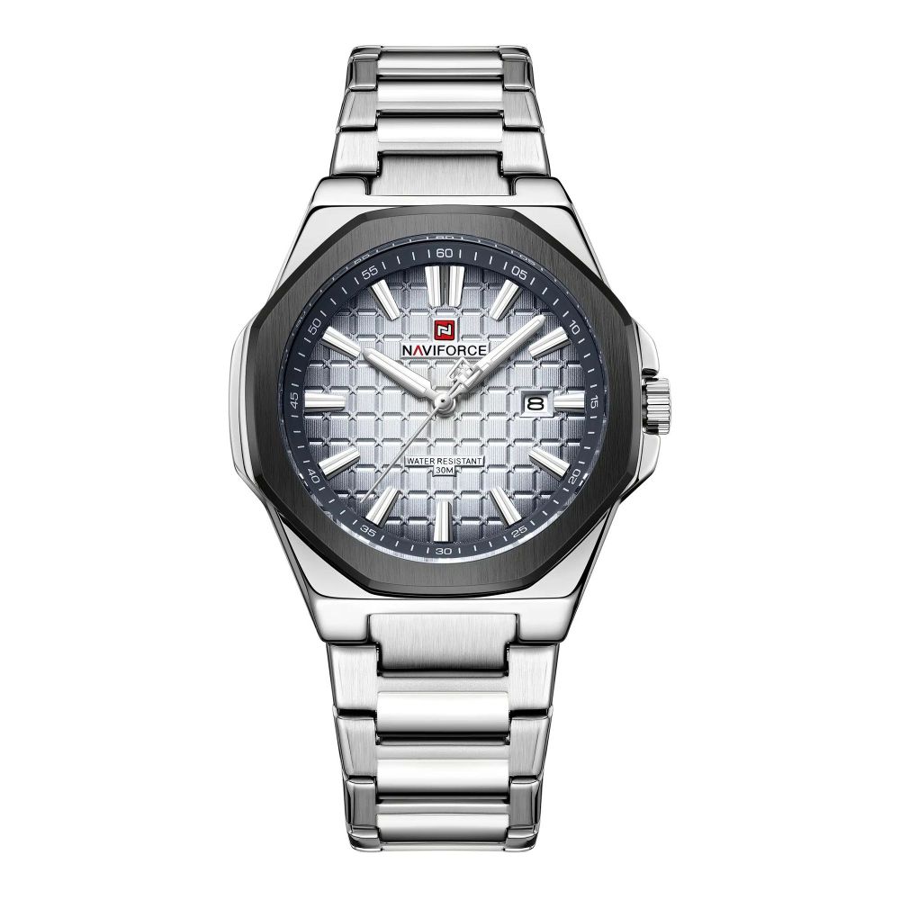 Naviforce Signature Textured Date Men's Analog Watch With Gray & Black Dial, Stainless Steel Chain, NF9258 S/W/S