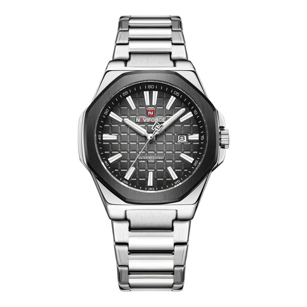 Naviforce Signature Textured Date Men's Analog Watch With Black Dial, Stainless Steel Chain, NF9258 S/GY/S