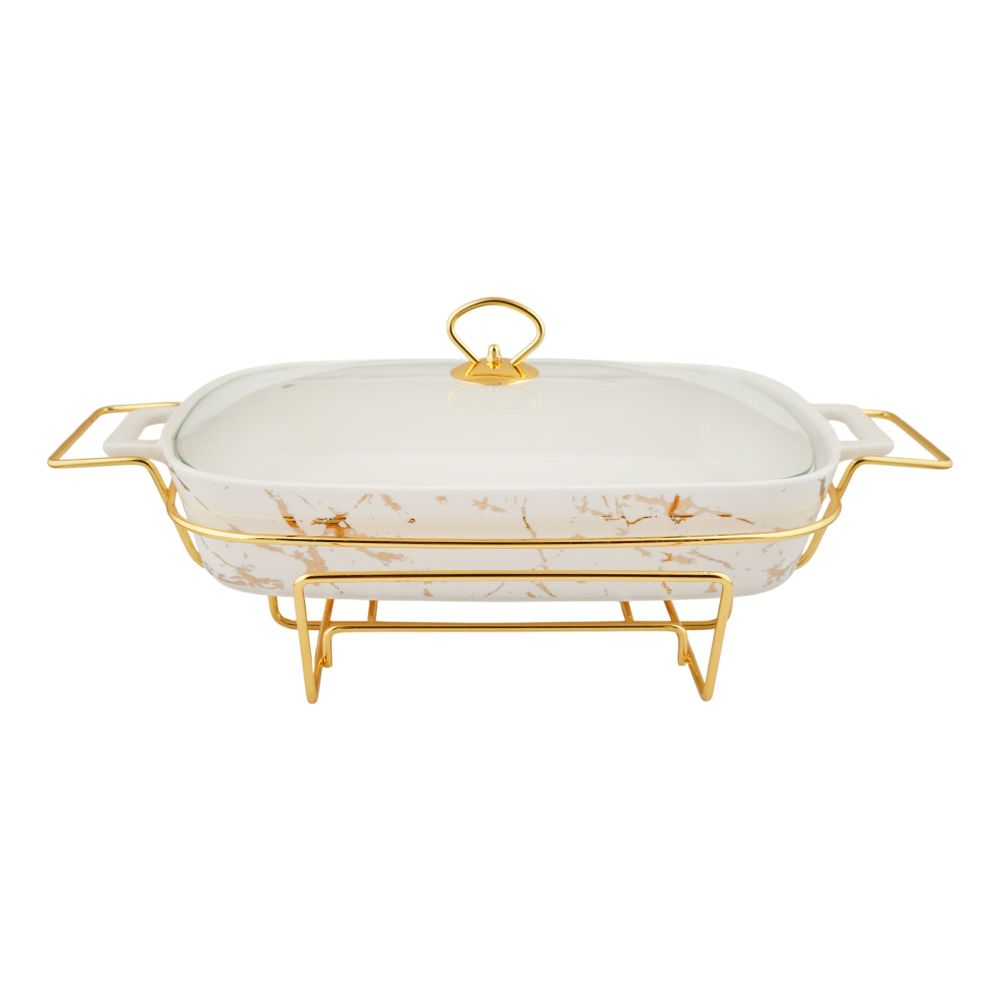 More & More Rectangular Casserole Dish With Warmer Rack, White, 17 Inches, CX2422