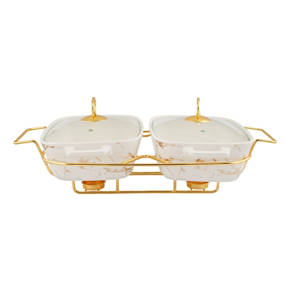 More & More Twin Rectangular Casserole Dish With Warmer Rack, White, 12 Inches, CX2420D