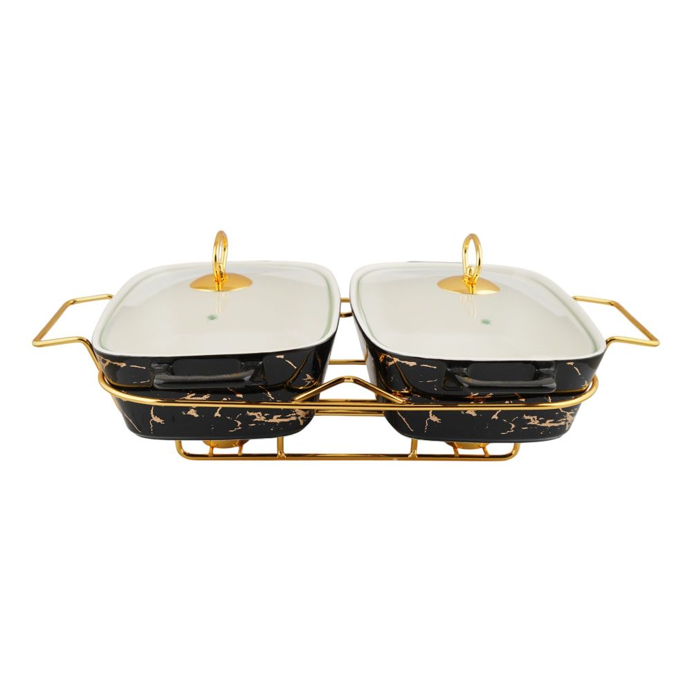 More & More Twin Rectangular Casserole Dish With Warmer Rack, Black, 12 Inches, CX2420D