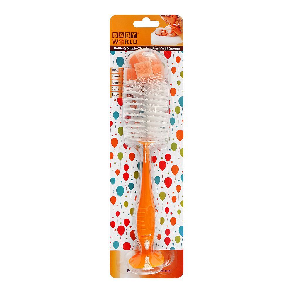 Baby World Bottle & Nipple Cleaning Brush, BPA Free, Non-Toxic, Orange, BW7376