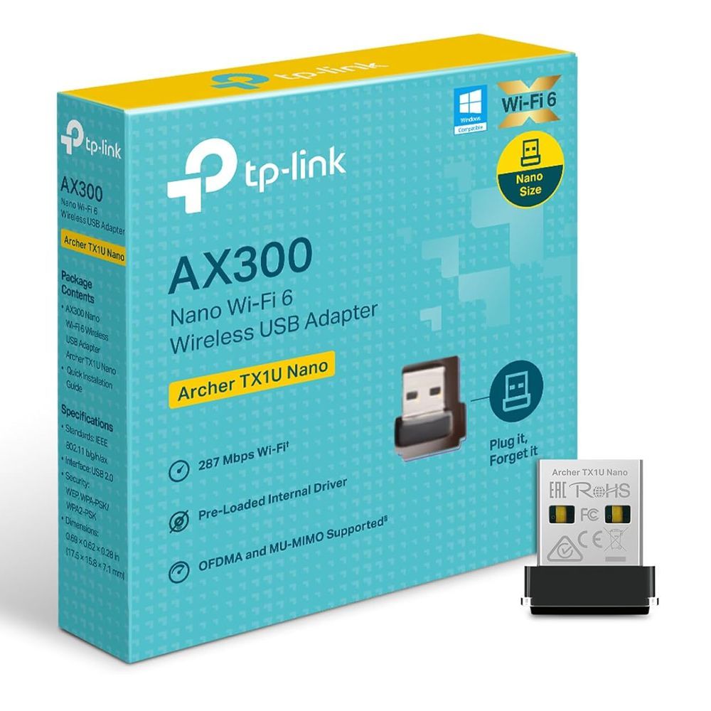 TP-Link AX300 Nano Wi-Fi 6 USB Adapter, 287 Mbps, Archer TX1U Nano