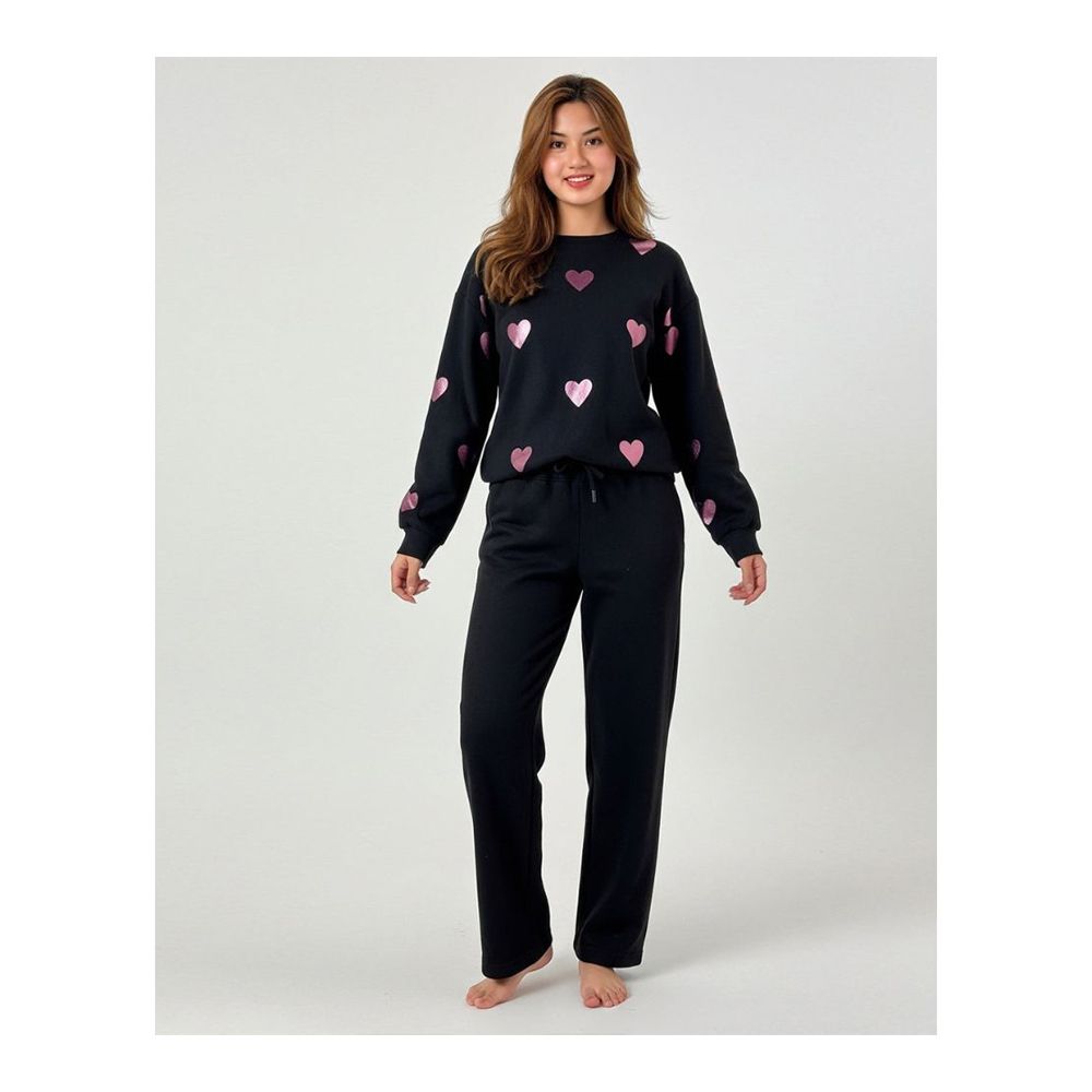 Sajiero Women's Fleece Pajama Set Heart Cozy, Fleece, Black