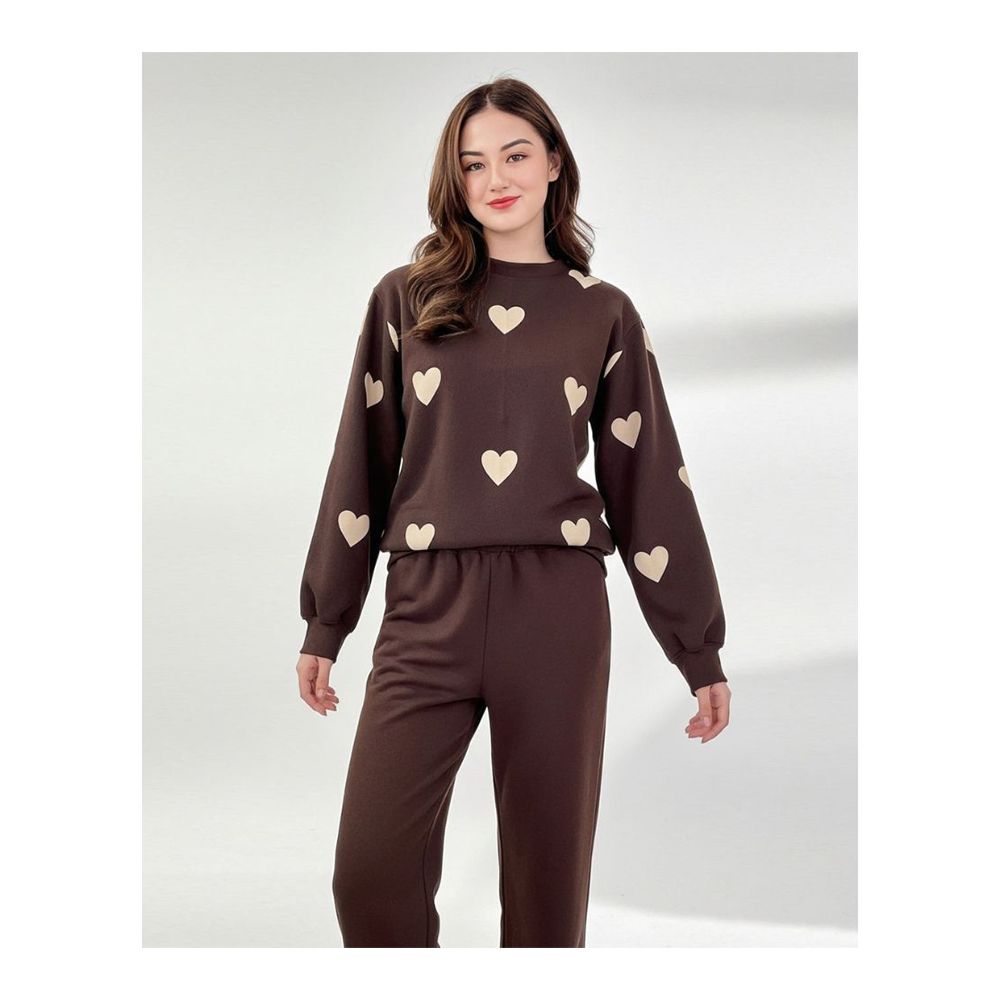 Sajiero Women's Fleece Pajama Set Heart Cozy, Fleece, Brown