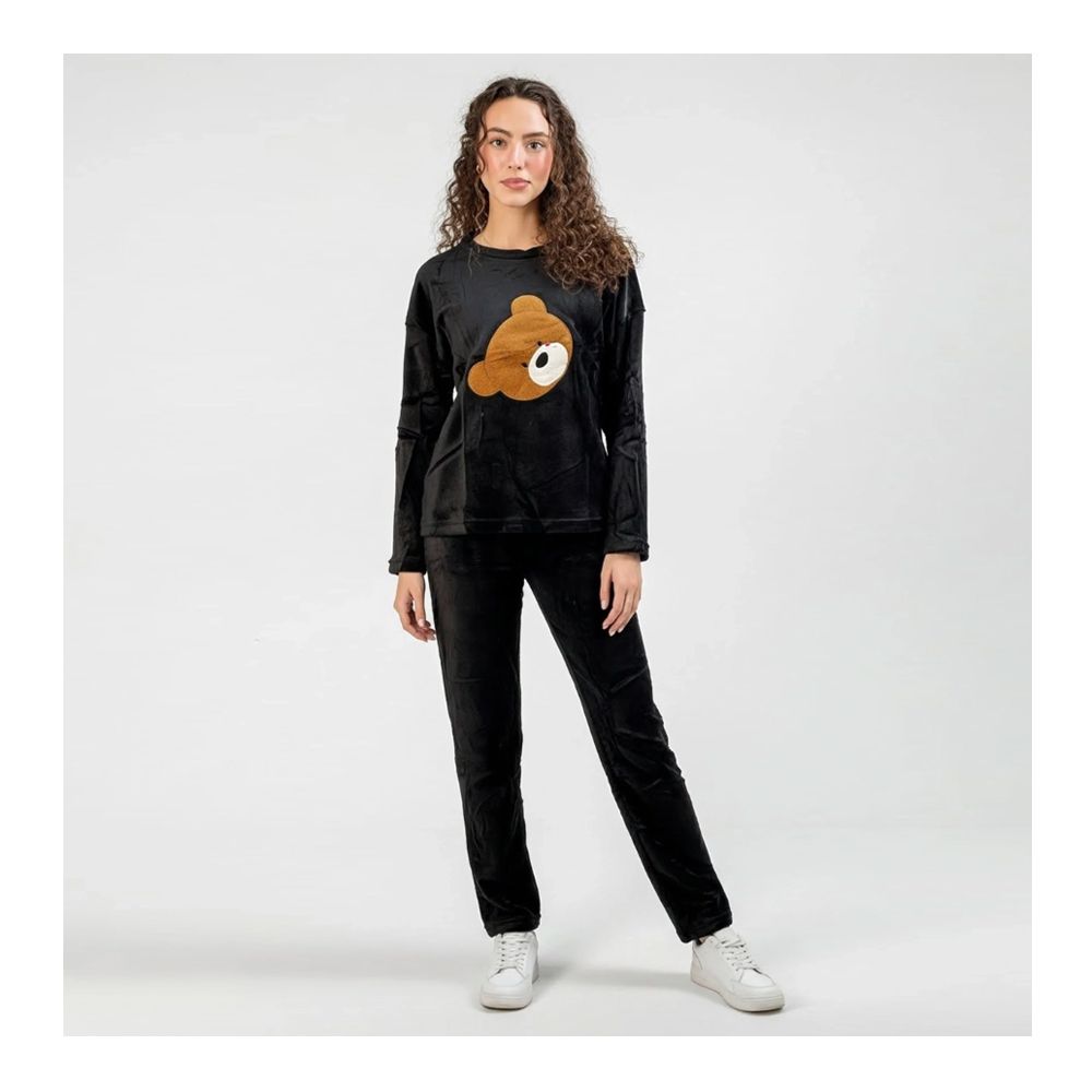 Sajiero Women's Pajama Suit, Fleece, Bear, Black