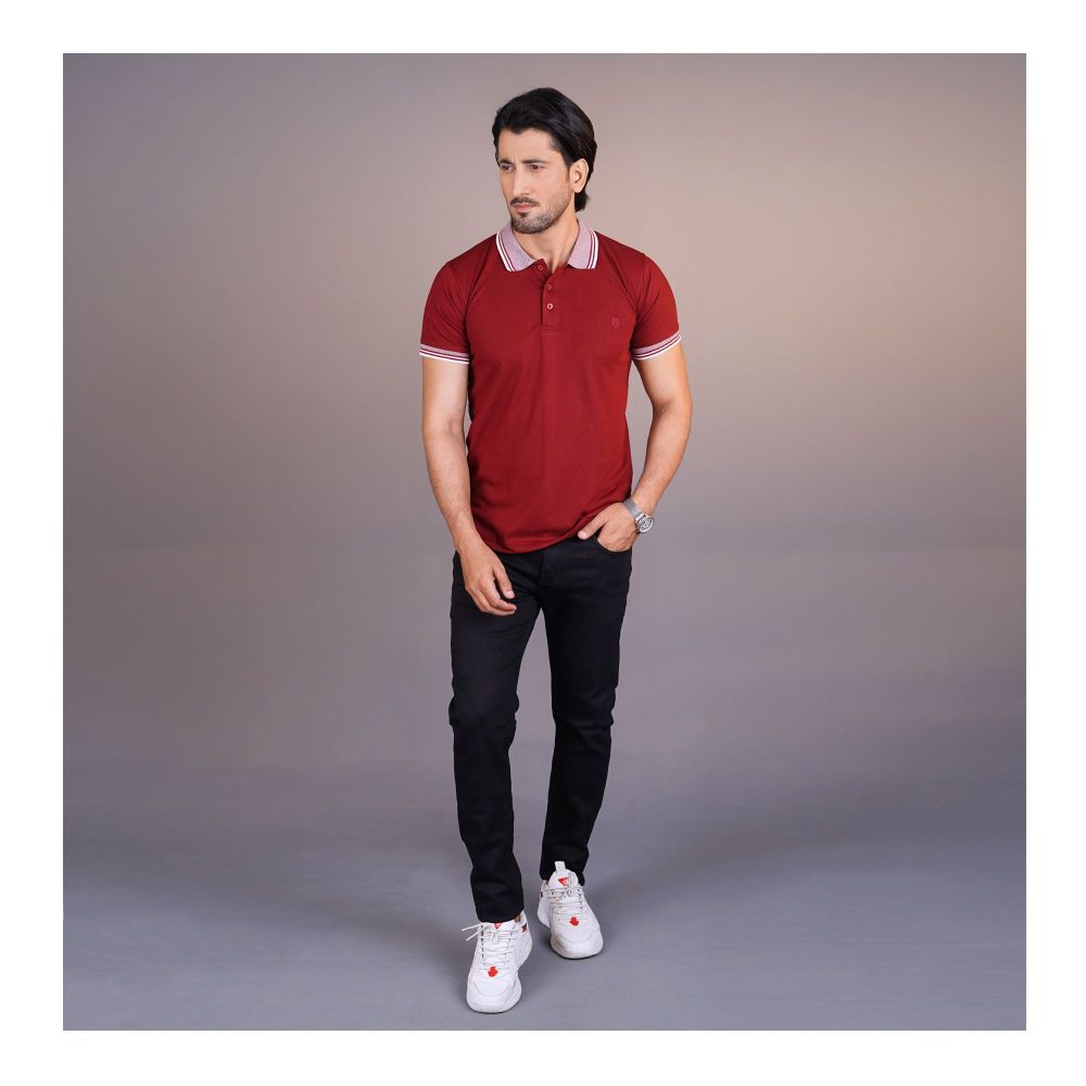 Basix Men’s Textured Jacquard Collar Embroidered Logo Maroon Polo Shirt, MPS -105