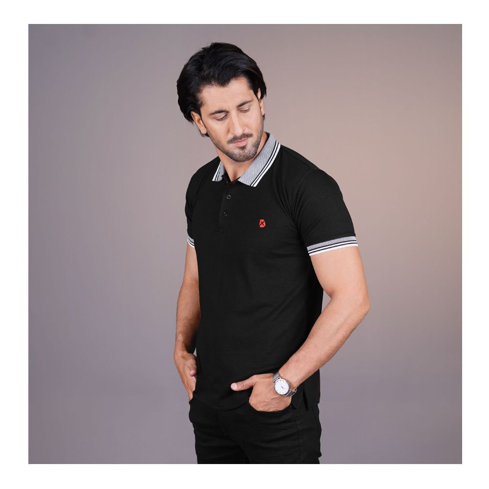 Basix Men's Black Jacquard Textured Collar Polo With Embroidered Logo, MPS-101