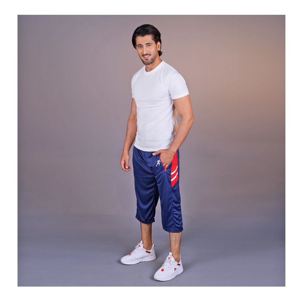 Basix Men's Moisture Wicking Zipper Pockets Mesh 3 Quarter Shorts, Navy & Red, M3Q-1008