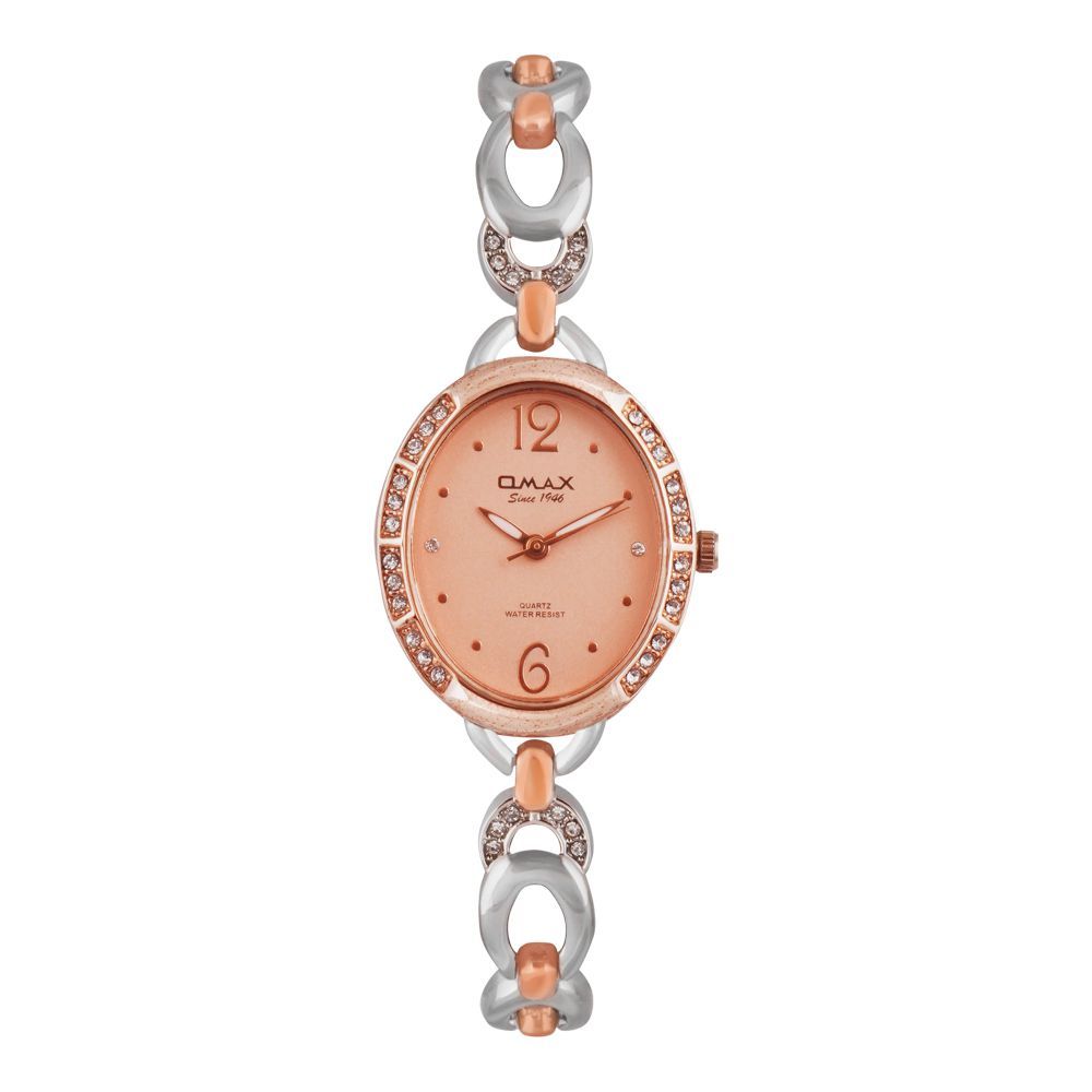 Omax Women's Rose Pink Oval Dial With Two Tone Chain Analog Watch, JES968N00F