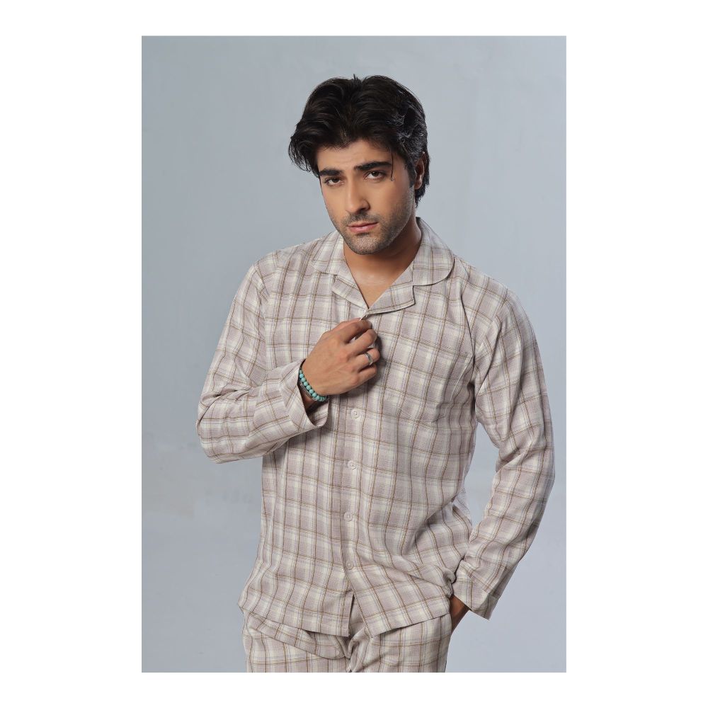 Basix Men's Check Print Cotton Loungewear Dress, 2-Piece Set, Off-White & Brown, LW-819