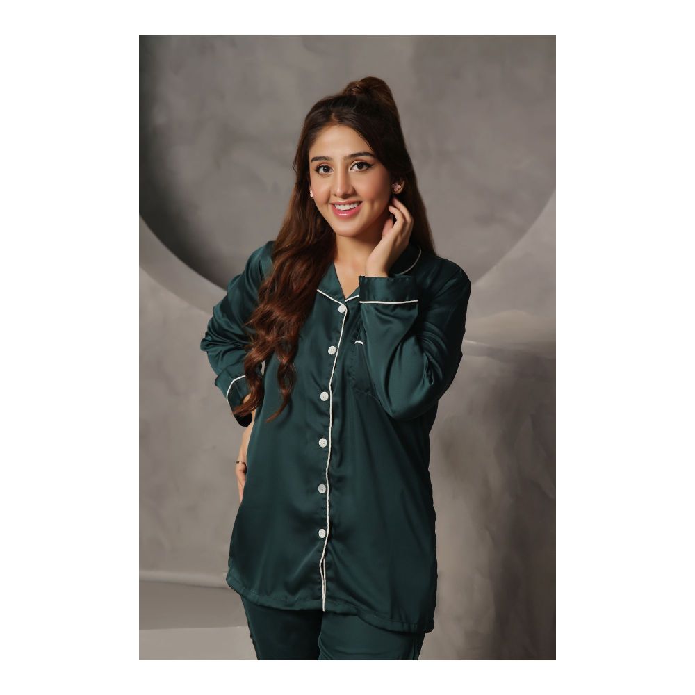 Basix Women's 2-Piece Pajama Set Night Suit, Silk Shirt and Trouser, Dark Green, SW-106