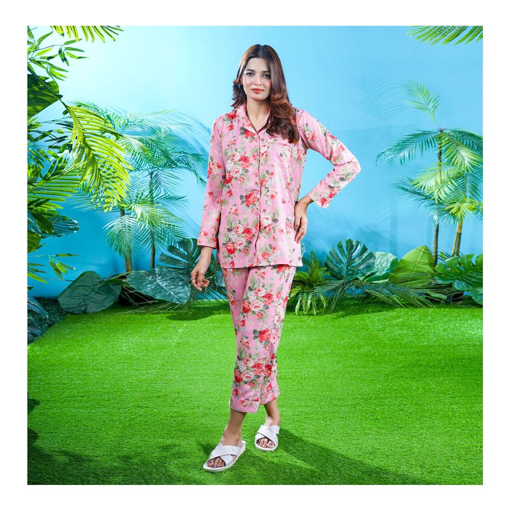 Basix Women's Digital Crepe Floral Loungewear Dress, 2-Piece Set, Rose Pink, LW-644