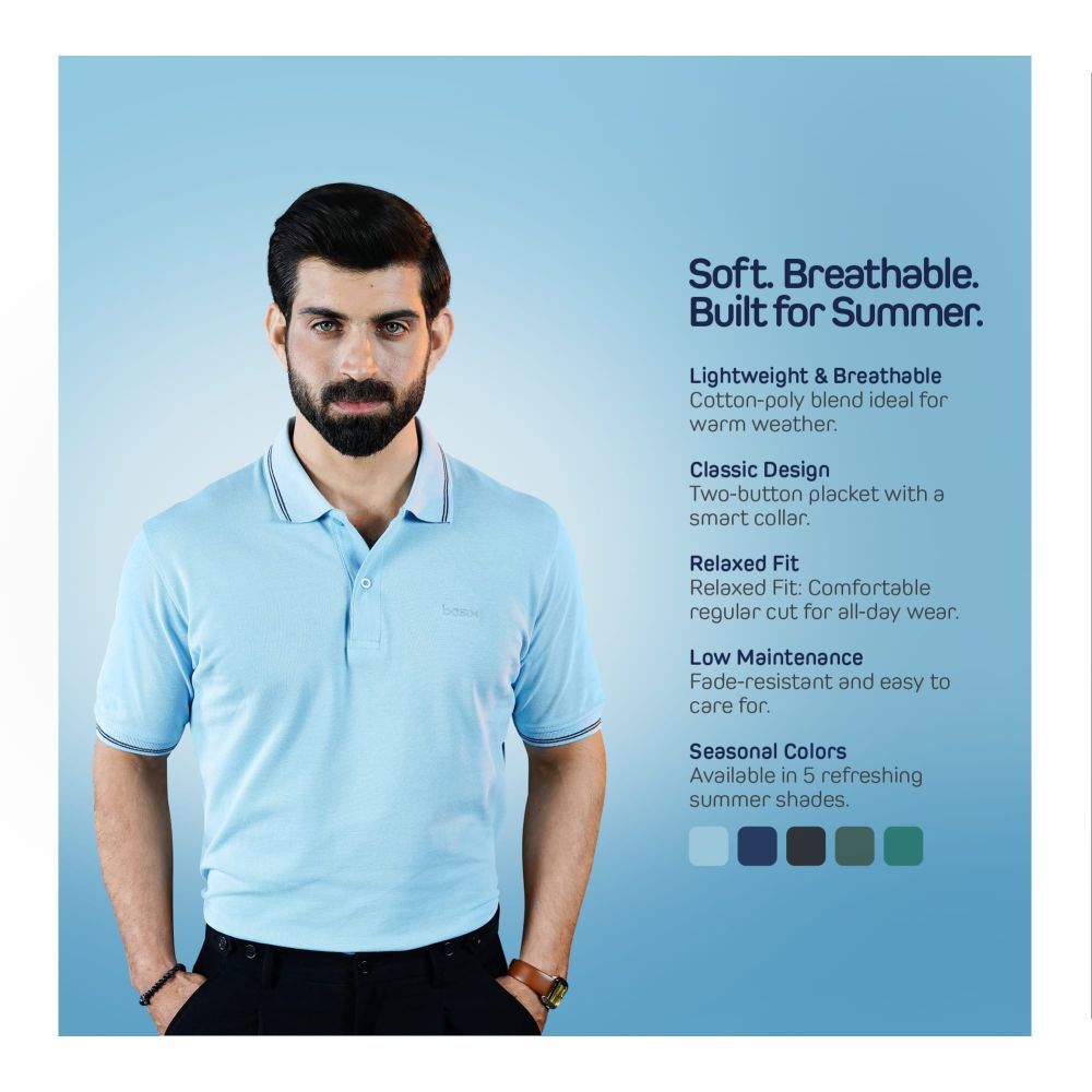 Basix Men's Cotton Polo T-Shirt, Sky Blue