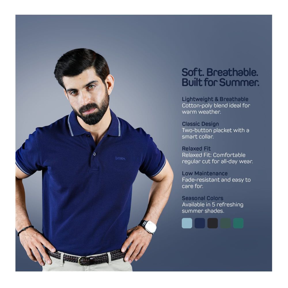 Basix Men's Cotton Polo T-Shirt, Navy Blue